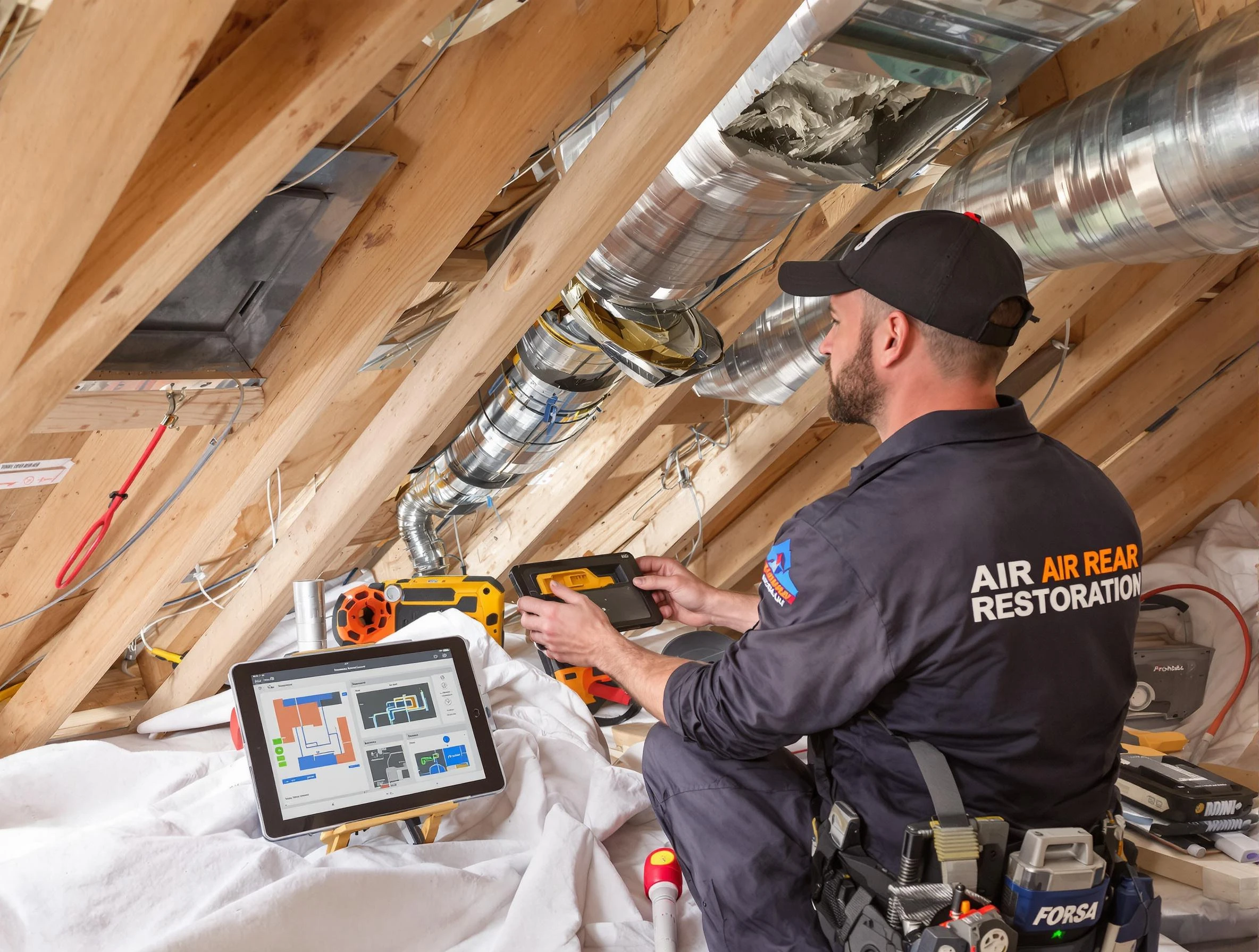 Stonegate Air Duct Cleaning technician performing precise duct repair work in Stonegate